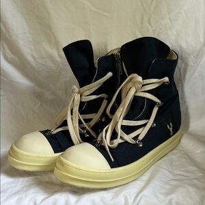 Rick Owens Navy and Cream High-Top Sneakers